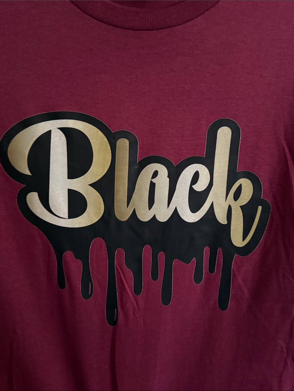 Gildan Maroon Short Sleeve Tee with Black & Gold 'Black' Drip Graphic - Picture 4 of 7